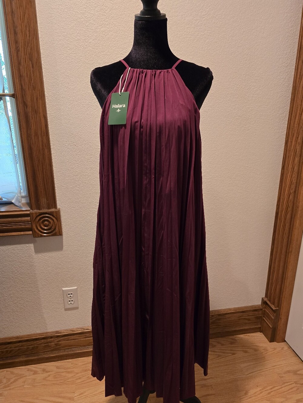HALARA Burgundy Pleated Halter Maxi Dress in Plum